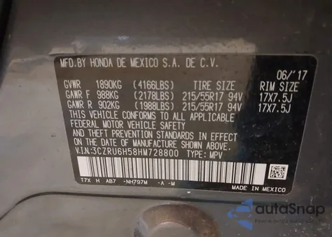 2017 Honda Hr-V Ex from USA, damaged, VIN 3CZRU6H58HM728800